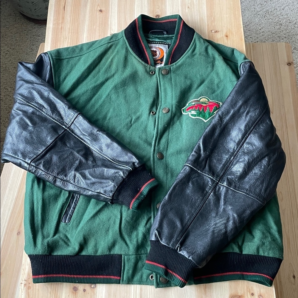 Vintage G ll NHL Minnesota Wild Wool Leather Collectors Bomber Jacket Large